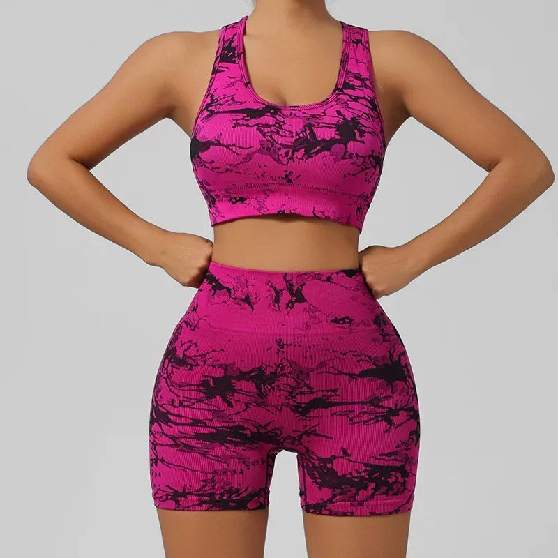 Women Seamless Tie Dye Yoga Set Quick Dry Sports Bra Shorts Lightweight Breathable Workout Outfit