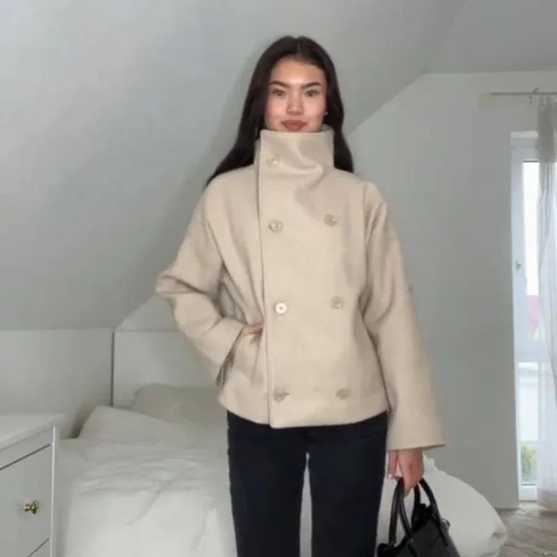 2025 Autumn Woolen Coats Women Casual Double Breasted Stand Collar Female Office Short Jackets Chic Lady Loose Street Outwear