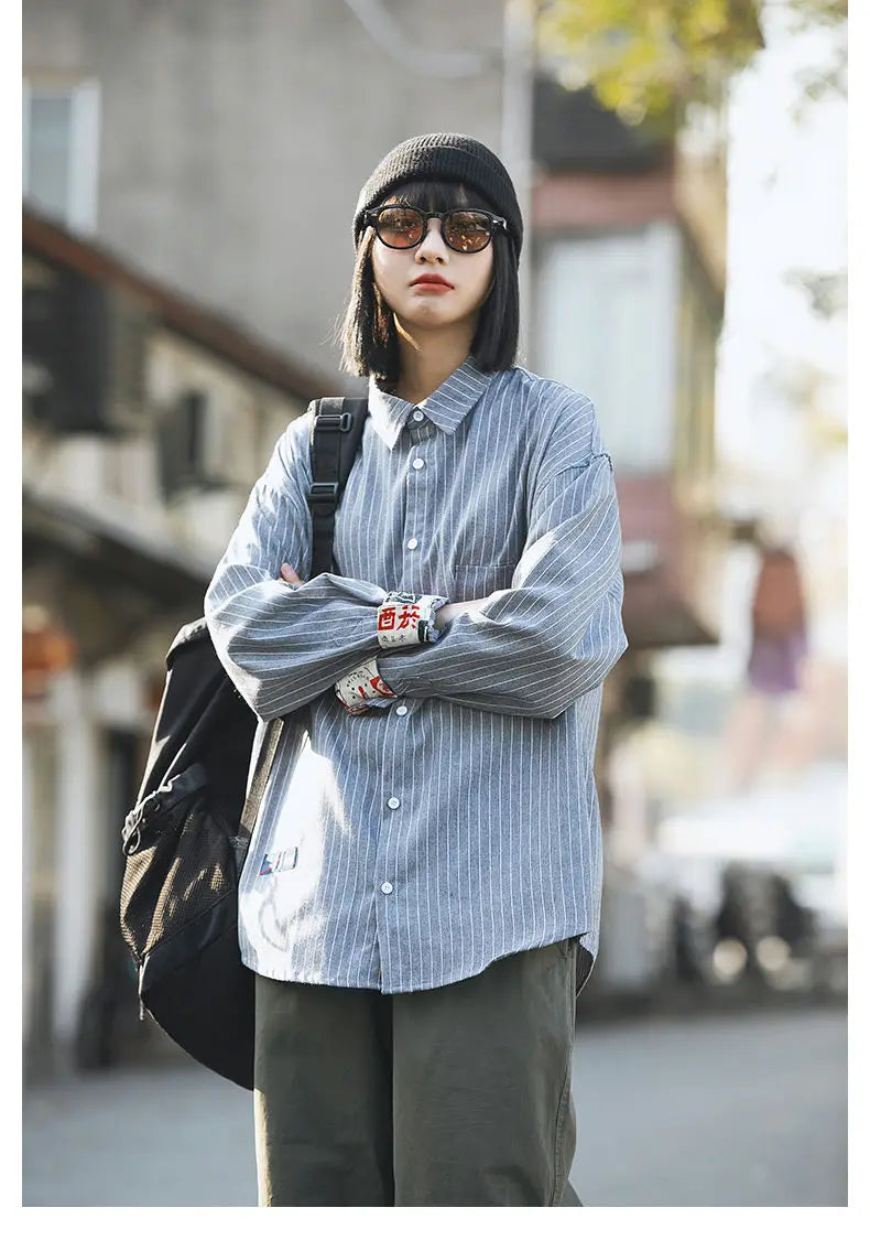 Retro Striped Workwear Shirt Women