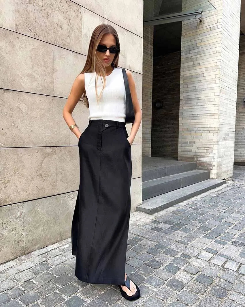 Black Loose Long Skirts Women A-Line Zip Skirts Ladies Elegant Summer Skirts Female With Pocket Ankle-Length Skirts