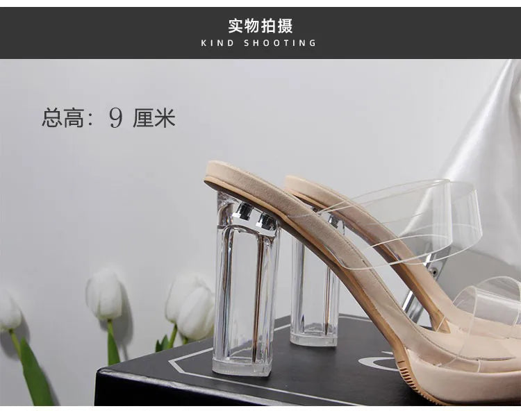 Women's High Heels, 2024 Summer New Waterproof Table with A Line Not Tired Feet Thick Crystal Slippers, Women's Shoes