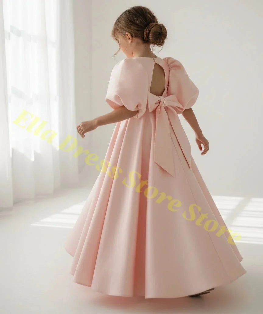 Elegant Girls Wedding Party Dress Satin Flower Girl Dress Bows Half Sleeves Formal Gala Dresses for Bridesmaid Dress Wholesale