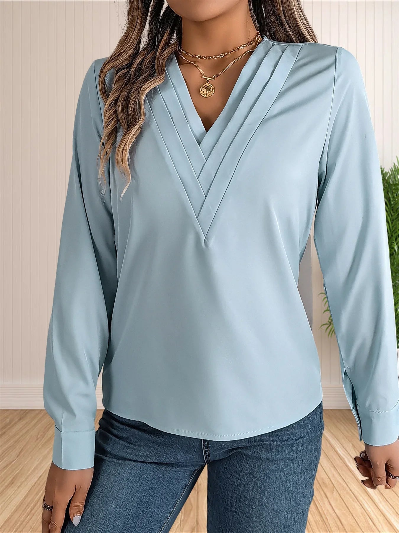 Elegant Layered V-Neck Work Blouse
