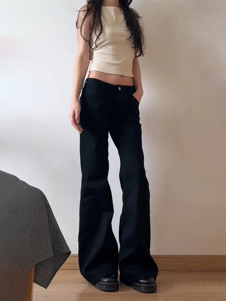 Women Low Waist Flared Jeans Retro Style Blue Black Micro Flare Pants Loose Straight Wide Leg Jeans Female Spring Fashion