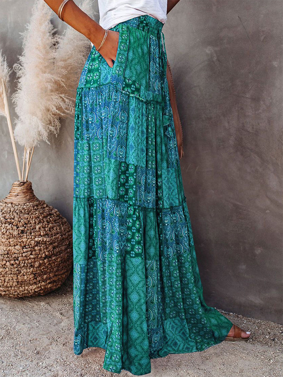 Women's Bohemian Skirts Vintage Elastic High Waist A-Line Skirts Tiered Long Skirts with Pockets