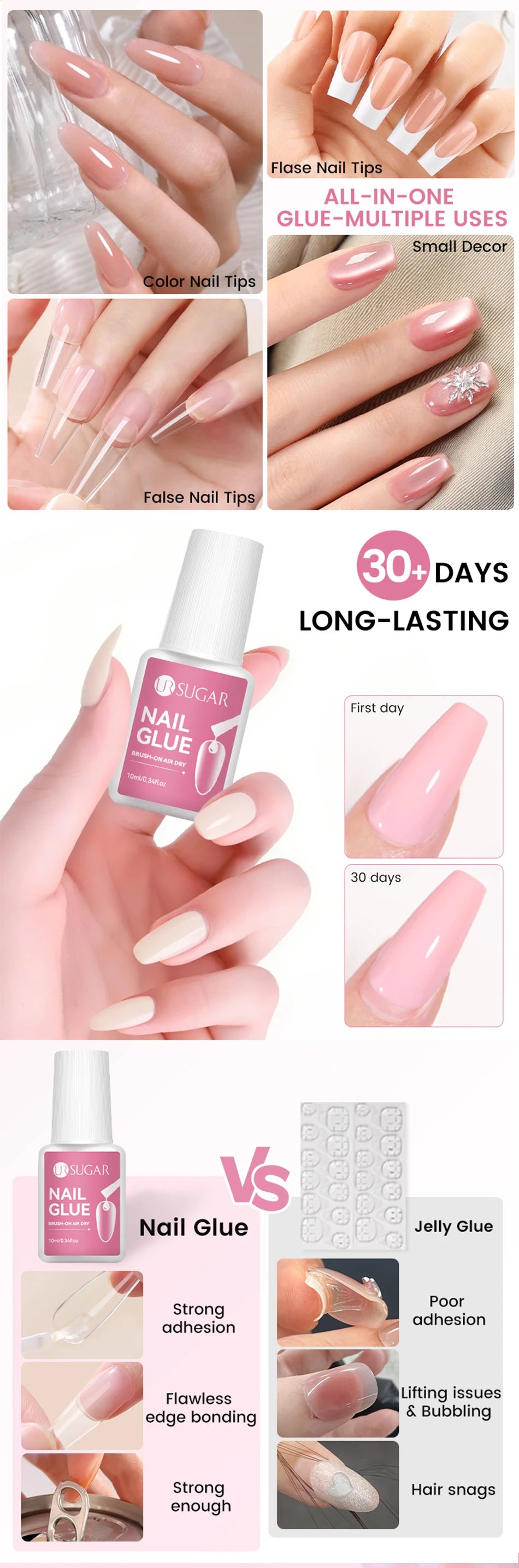 UR SUGAR 10ML Nail Glue No Need Lamp False Nail Tips Gel Cured Clear Color Nails Tools Super Strong Acrylic Tips Rhinestone Bond