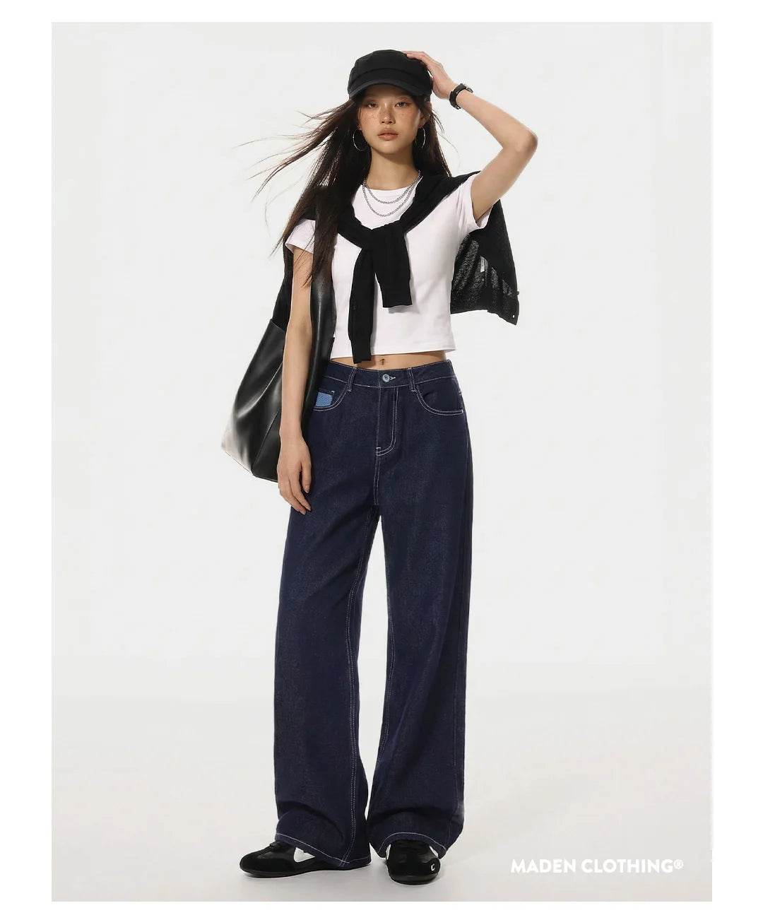 Maden Women's Vintage 12.4oz Washed Denim Jeans Straight Wide-Leg Casual Loose Fit Blue Trousers For Spring and Fall Streetwear