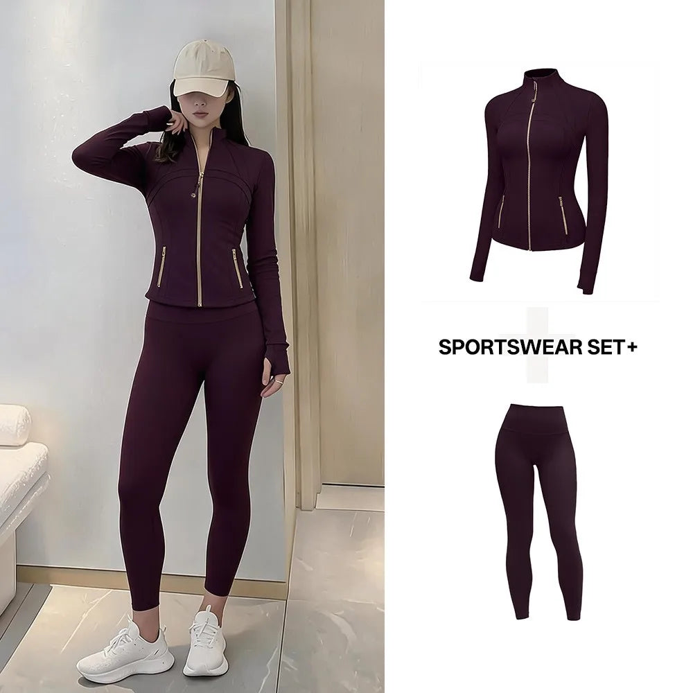 Women's Yoga Set Stand Collar Zip Jacket, Slim Fit Long Sleeve Sports Fitness Yoga Wear
