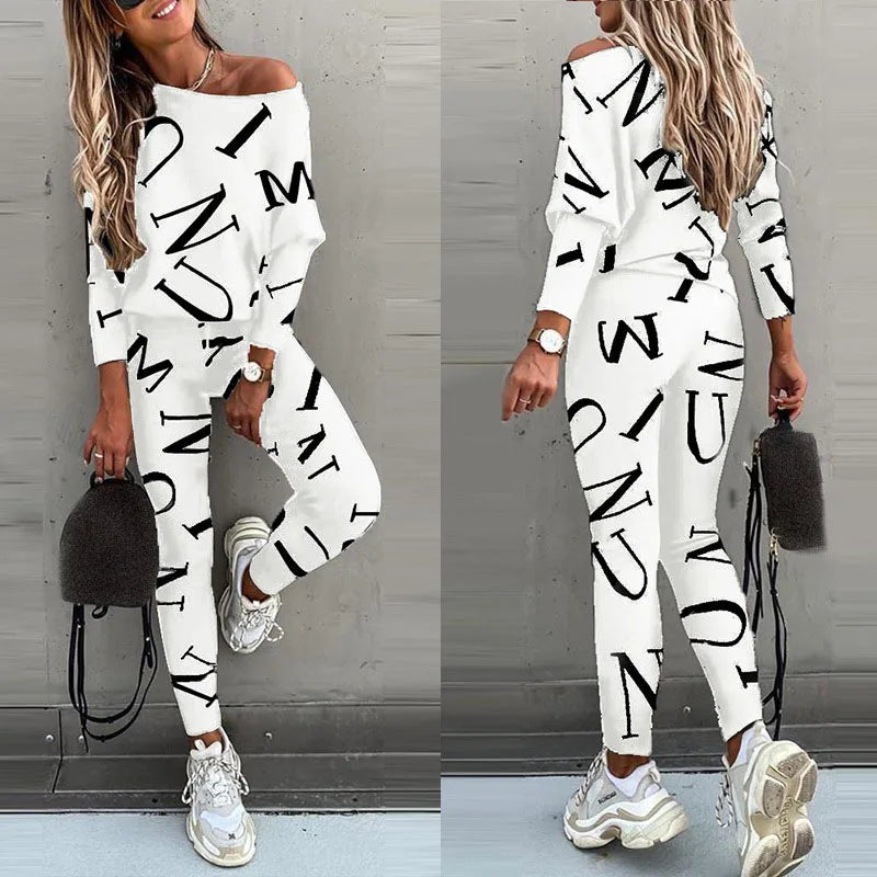 Women's Yoga Set Soft Outfit Letters Print Long Sleeve Top Spring Tracksuit Casual Sports Fitness Yoga Suit