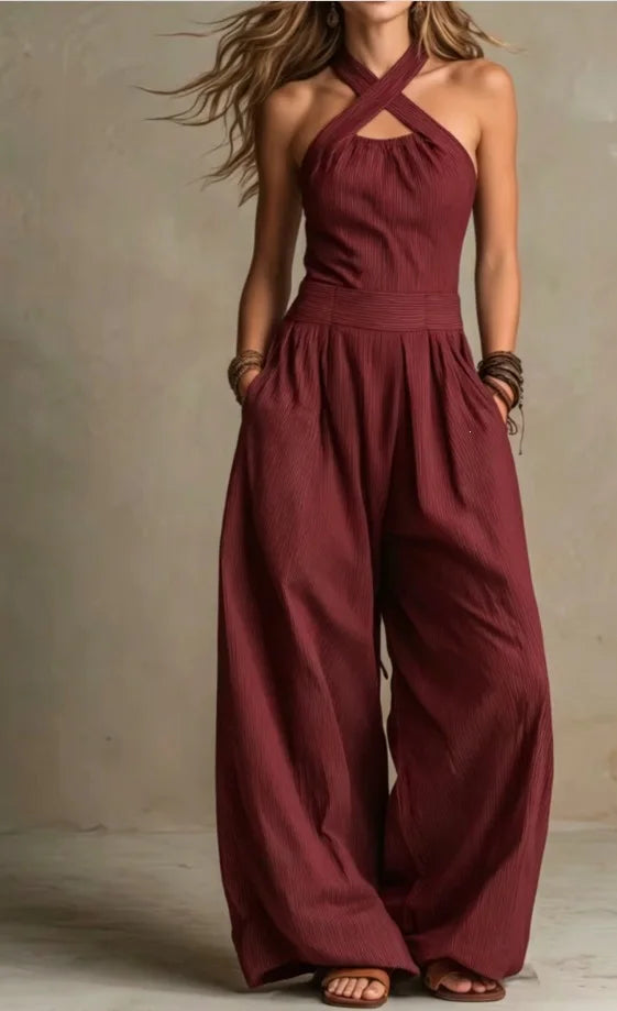 2026 Summer Jumpsuit Solid Color Hanging Neck Elegant Casual Versatile Simple Fashion Comfortable Daily Style Wide Leg Jumpsuit