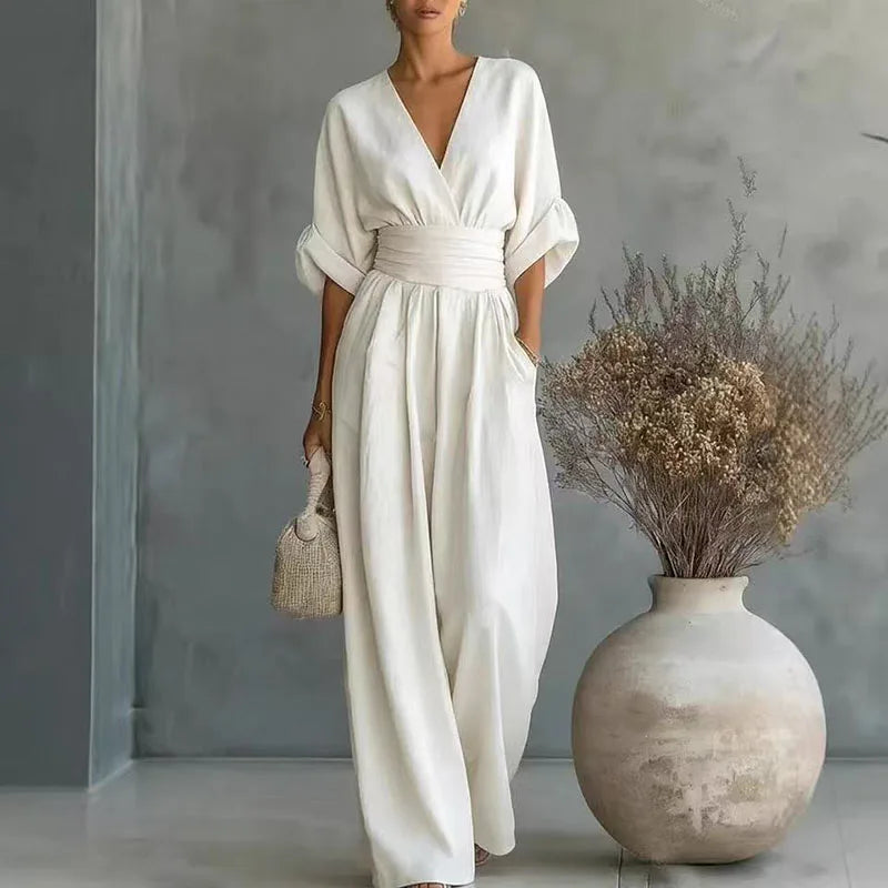 Women's Jumpsuit Fashion High Waist V-neck Casual Jumpsuits Sexy Solid Color Office Wide Leg Trousers Overalls Vacation Outfit