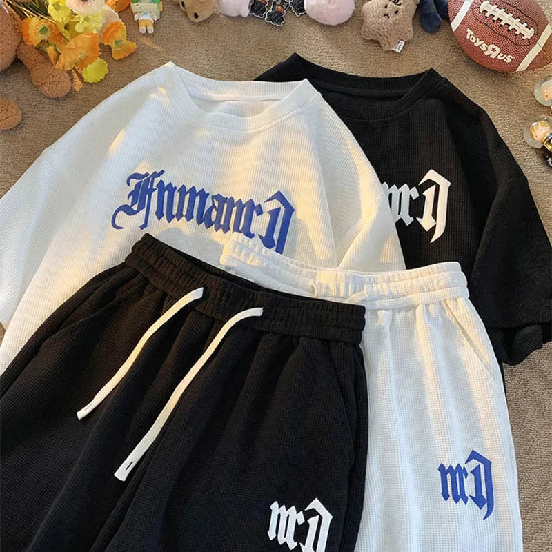 Printed Streetwear Tracksuit Men Summer Waffle Sets Casual Trendy Sportswear Short Sleeve T-Shirt Sports Breathable Shorts