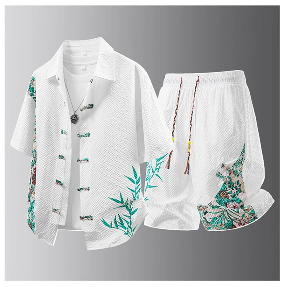 Summer Tracksuits Men Traditional Chinese Style Suit Shirt Shorts Tang Suit Male Fashion Casual Summer Sets