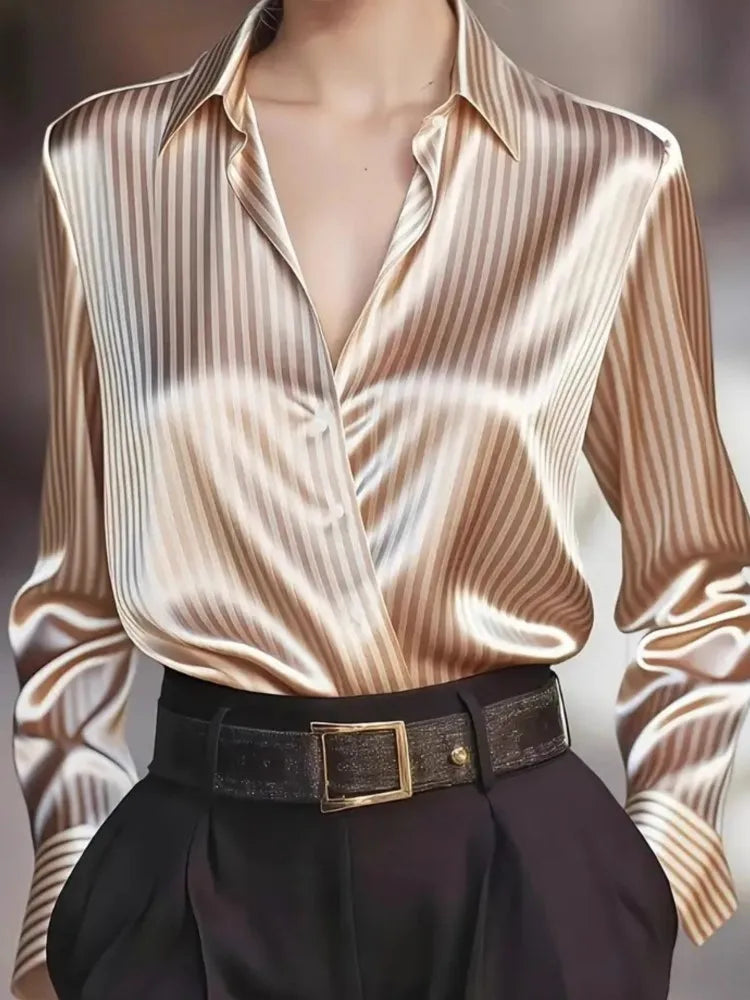 Lady Striped Shirt Fashion Long Sleeve Turn-down Collar Button Shirts Tops For Women Casual Office Holiday Spring Autumn Clothes