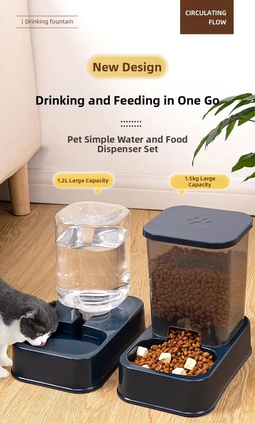 1.2L/1.5L Pet Automatic Feeder Plastic Large Capacity Cat Dog Water Dispenser Feeder Set 3 Colors 2 Styles