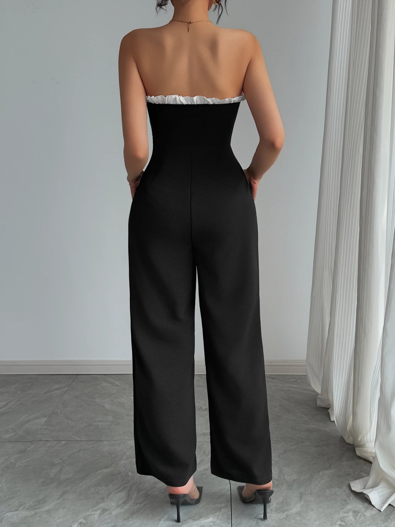 Jumpsuit Spring Summer Women Black Strapless White Ruffle Trim Wide Leg Chic Elegant Daily Date Party Jumpsuit
