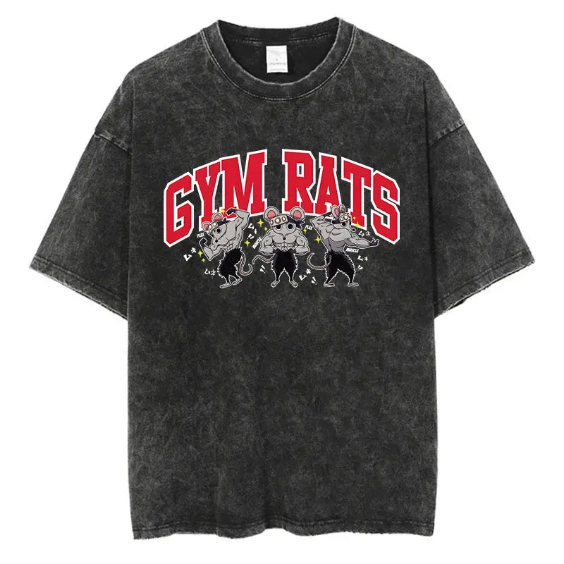 Vintage Washed T-shirts 100% Cotton Gym Muscle Rat Print Crew Neck Tshirts Casual Goth Hip Hop Streetwear Women Men Summer Tee