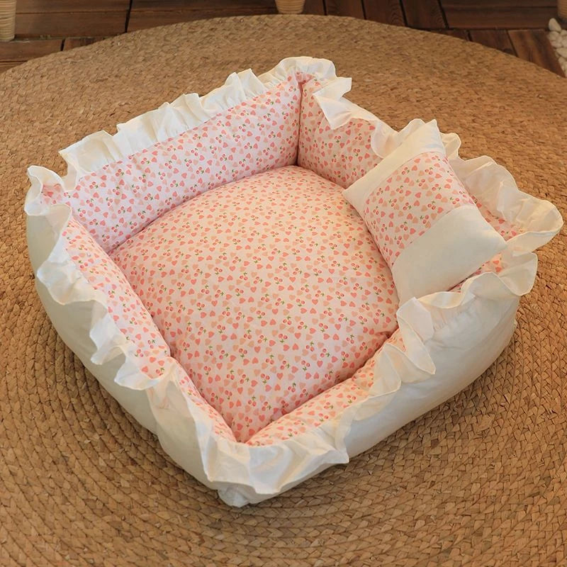 Pet Dog Lace Bed Cat Bed Cute Puppy Square Sleeping Cushion Bed Cat Sofa Warming Dog Nest with Pillow Washable Pet Bed S~L