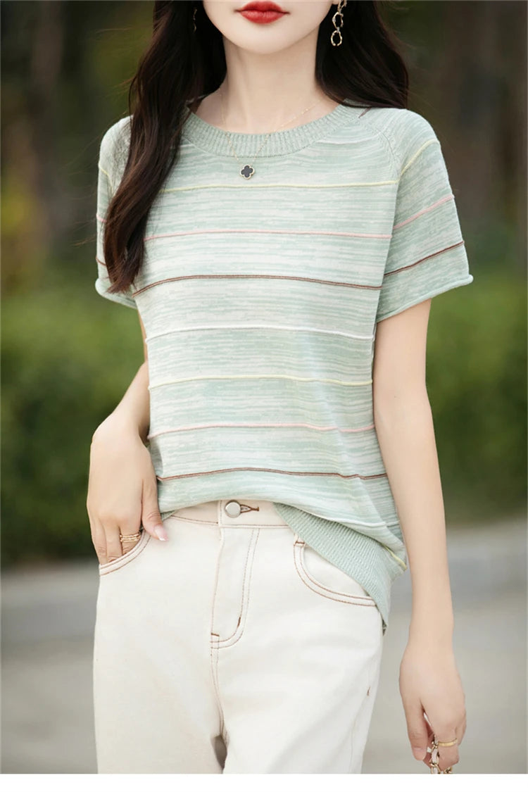 Women's T-shirts Summer New 100% Cotton Short Sleeve Casual Striped Knit Blouse Round Neck Tops Loose Pullover Tees