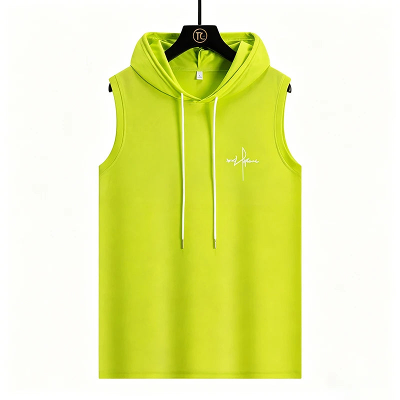 Summer Men‘s Workout Tee Running Training Hooded Sleeveless Gym Fitness Top Fashionable Loose Quick Drying Sports Tank Top