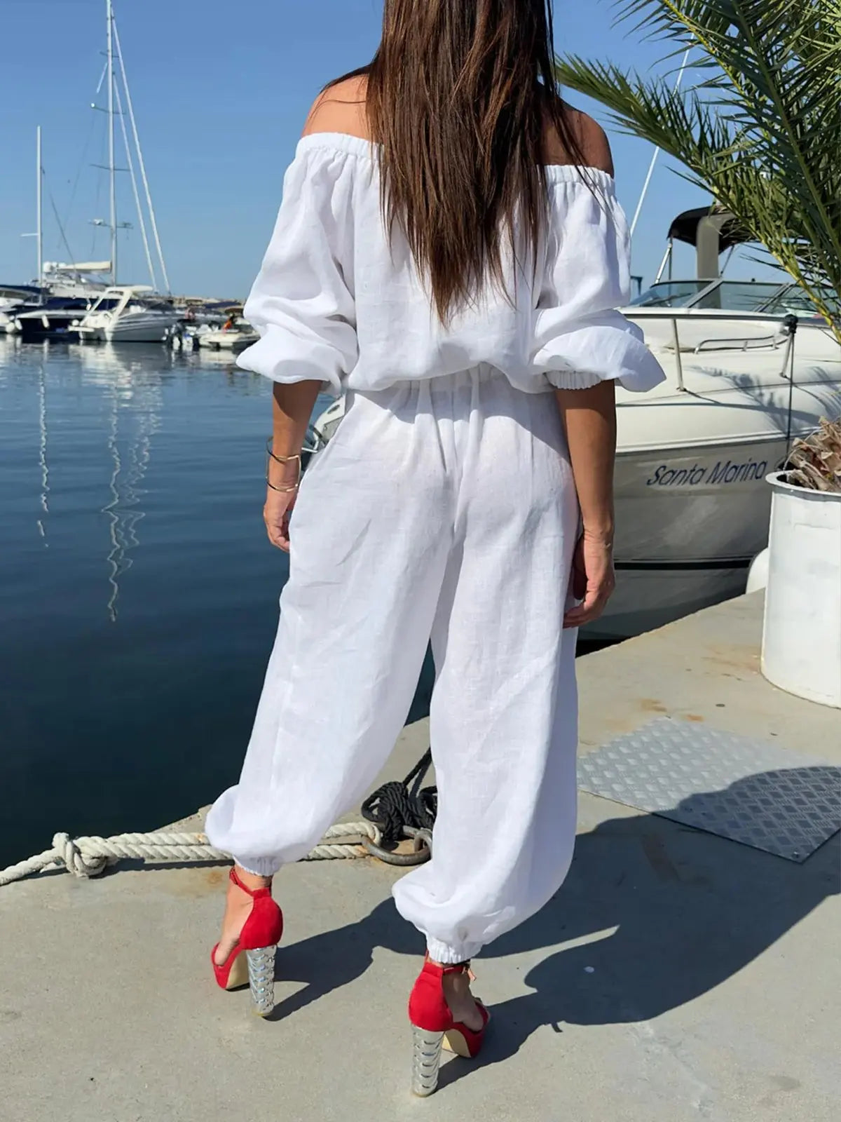 Off Shoulder Casual Puff Jumpsuit