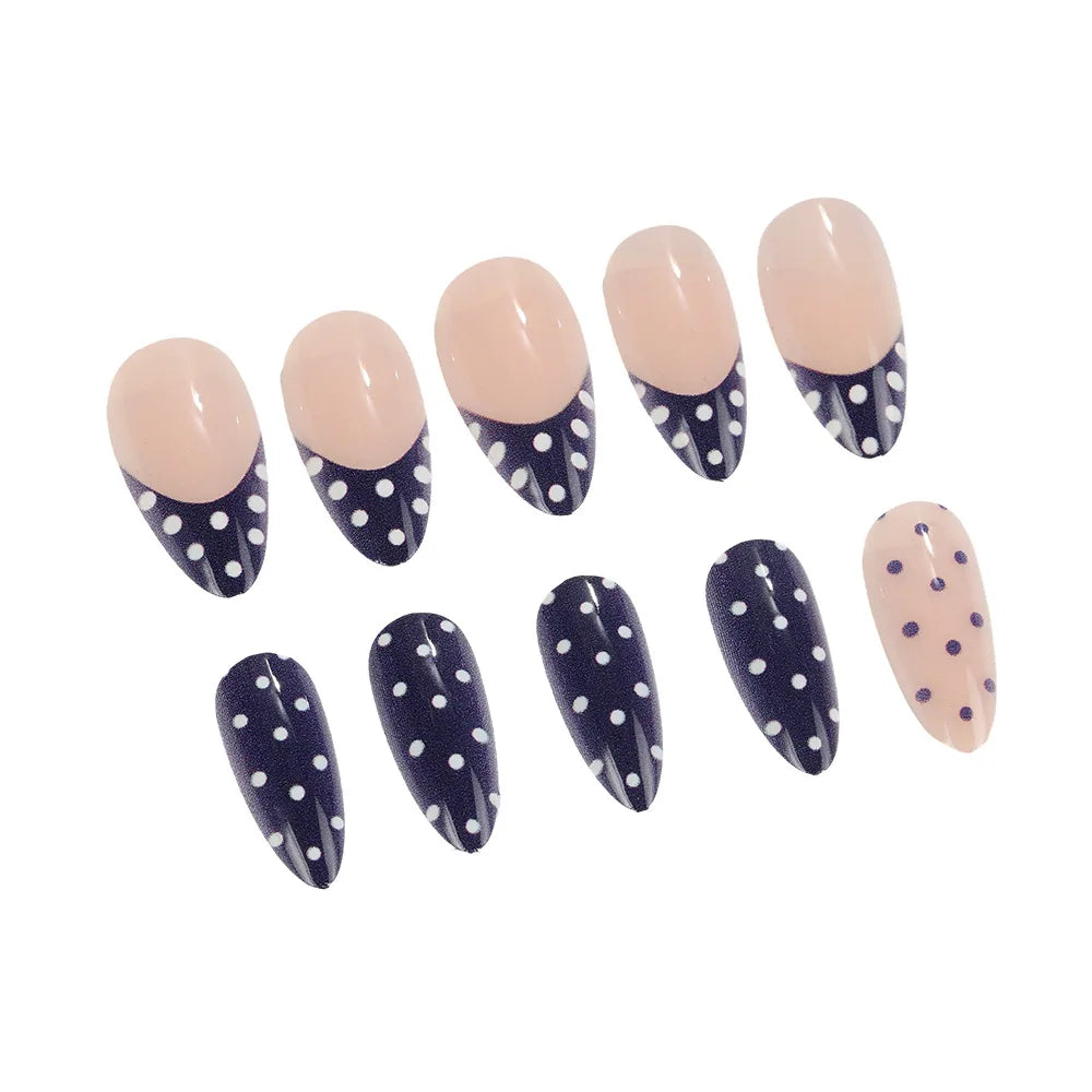 Medium long fake nails for women girls pink white black red blue brown polka dots design almond ballet tips press on false nail