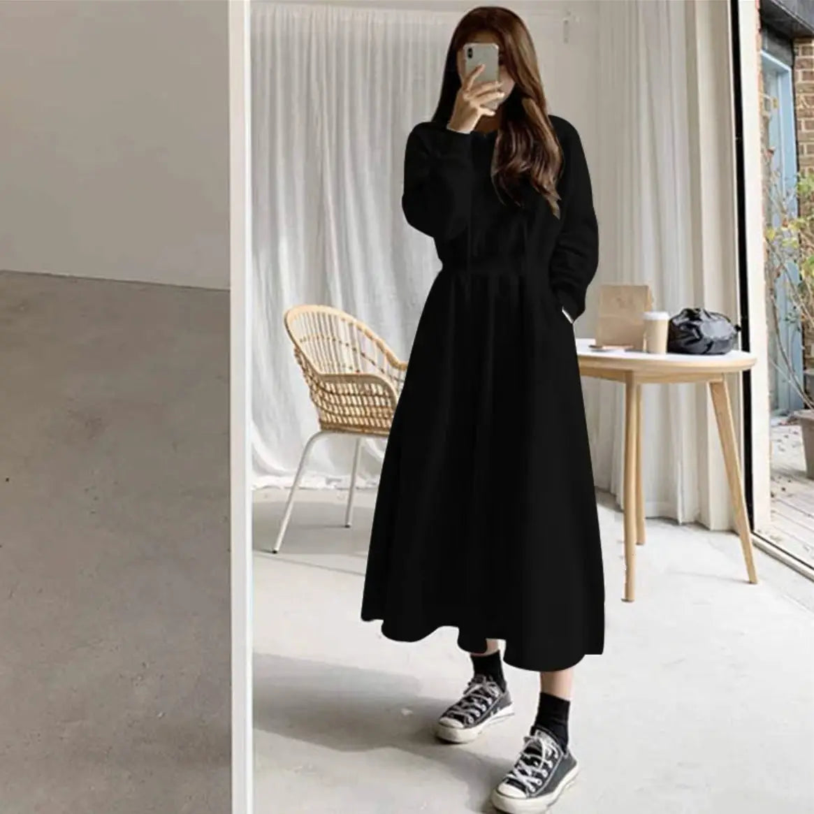Hooded Mid-Calf Sweatshirt Dress for Autumn Winter