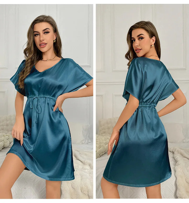 V-Neck Nightdress Loungewear Women Sleepwear Morning Gown Lingerie Sleepdress Robe Summer Nightgown Silky Satin Home Dress