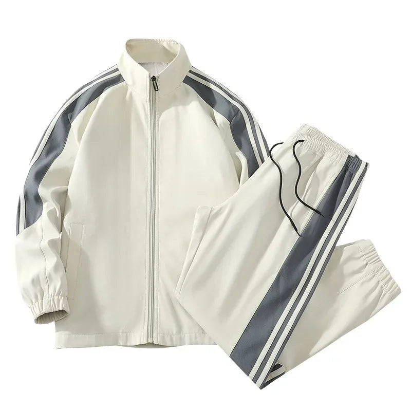 Men Fashion Tracksuit 2‑Piece Set, Stand Collar Zip‑Up Jacket & Drawstring Pants, Striped Casual Sports Outfit For Autumn Winter