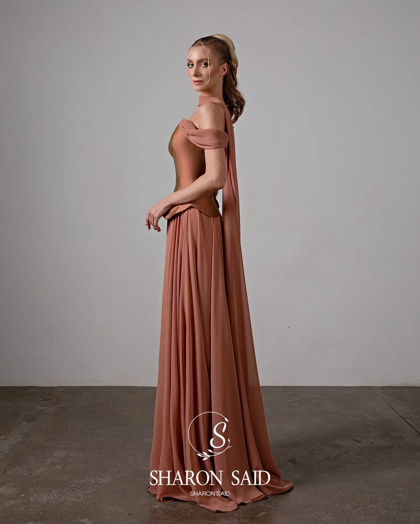Brown Off Shoulder Chiffon Evening Gown