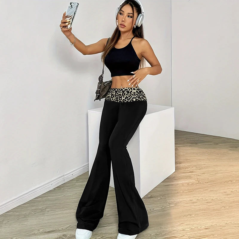 Fashionable Leopard Print Pleated Yoga Pants High Elastic Comfort Slim Fit Bell Bottoms Waistline Splicing Sporty Trousers