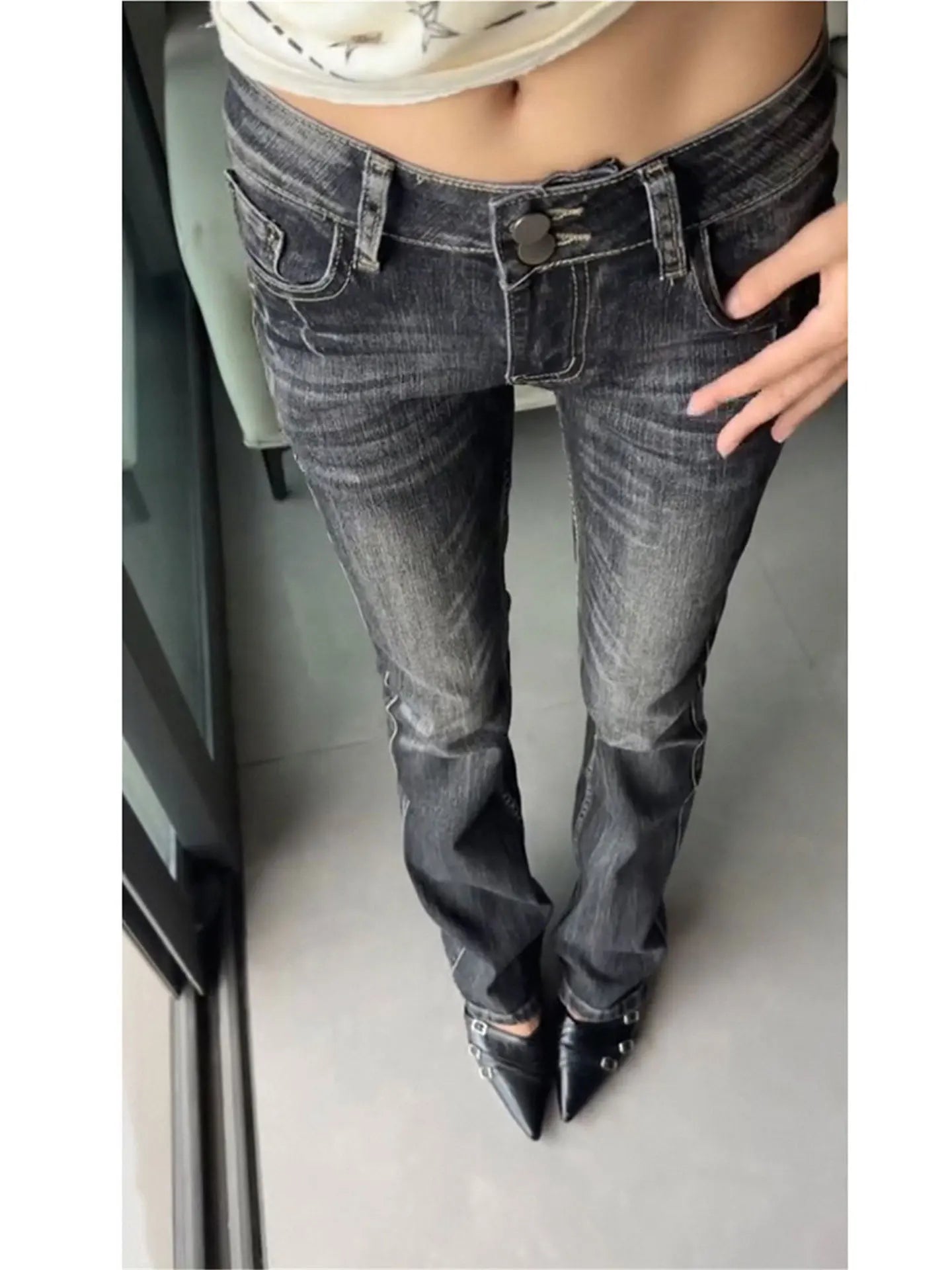 Low Waist Flared Jeans Women's Spring Autumn Fashion Washed out Cotton Stretch Denim Pants Bell Bottom Trousers