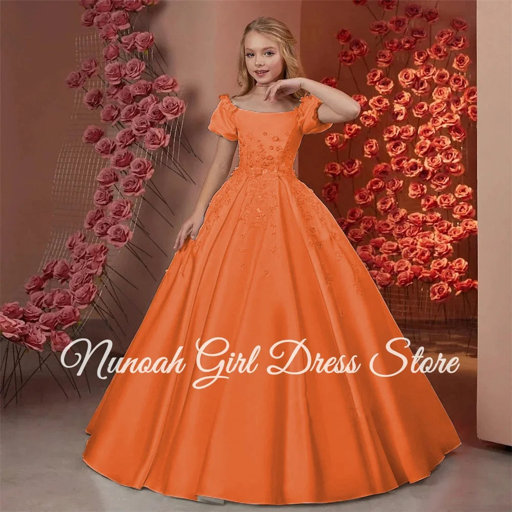 Elegant Flower Girl Dresses for Wedding Satin Beaded Floral Floor Length Girl Kids Birthday Party First Holy Communion Gown