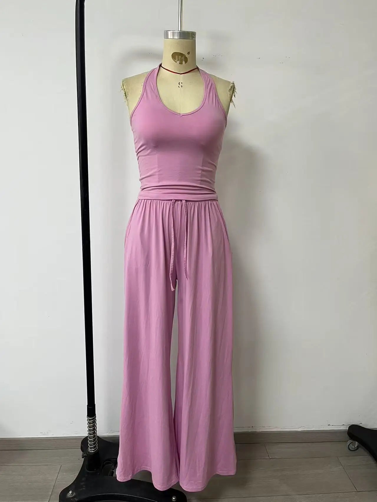 Women 2 Piece Yoga Outfit Ribbed Halter Crop Tank Top Drawstring Wide Leg Pants Set Casual Workout Gym Loungewear Tracksuit