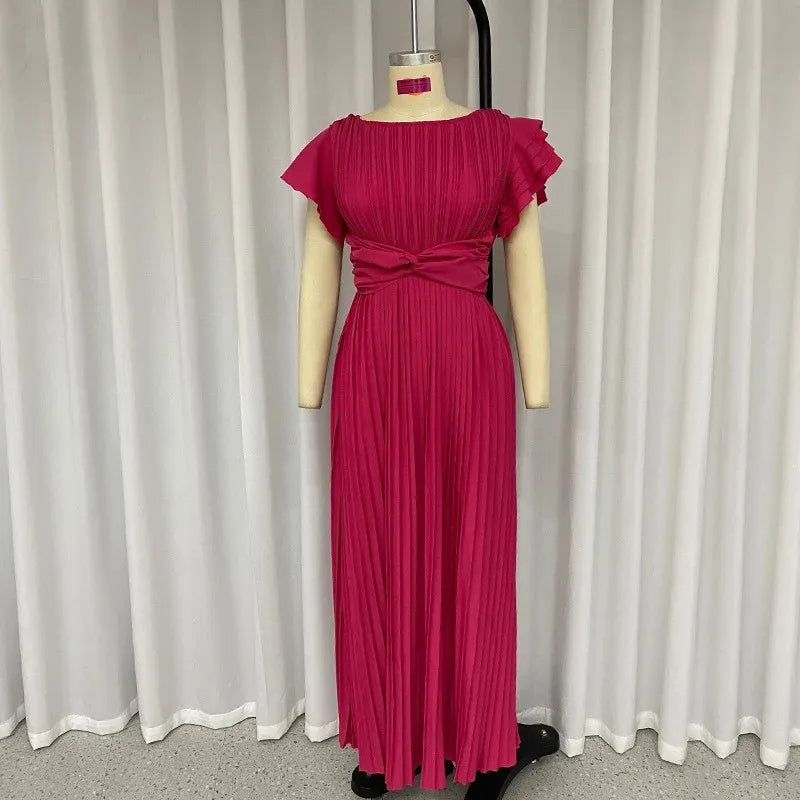 Wedding Guest Dress Elegant Party Long A Line Cap Sleeve Dresses Evening Pleated Off Shoulder Maxi Dress Fuchsia Pink Solid