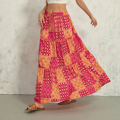 Women's Bohemian Skirts Vintage Elastic High Waist A-Line Skirts Tiered Long Skirts with Pockets