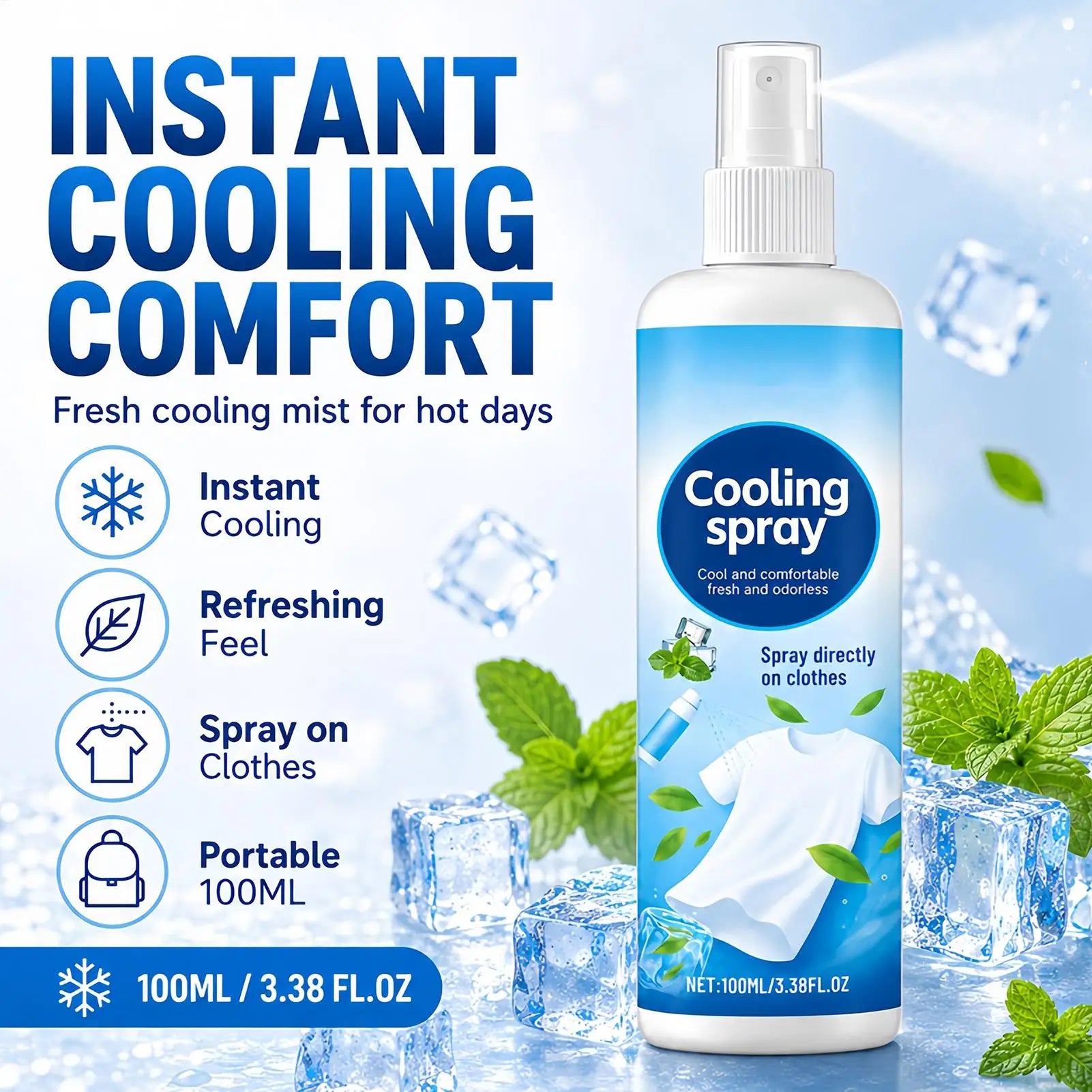 Effective Portable Cooling Spray 100ml Long Lasting Hydrating Body Mist for Summer Outdoor Sports Gym Travel Soothing Skin Face