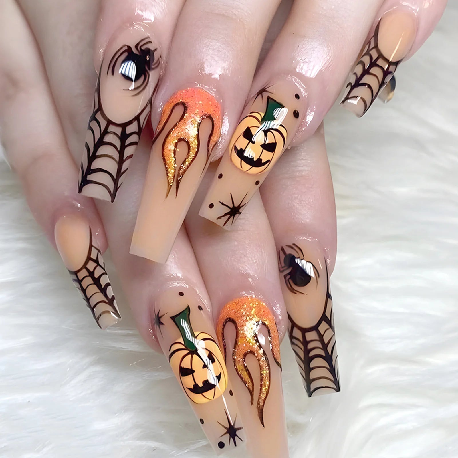 24pcs Thriller Style False Nails With Halloween Ant Bugs Pattern Wearable Press On Nails Ballet Black Punk Nail Art Decoration