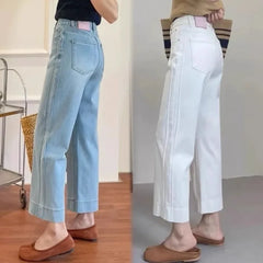 Women High Waist Wide Leg Pants Casual Loose Trousers Summer Solid Color Straight Fit Pocketed Ankle-Length Jeans
