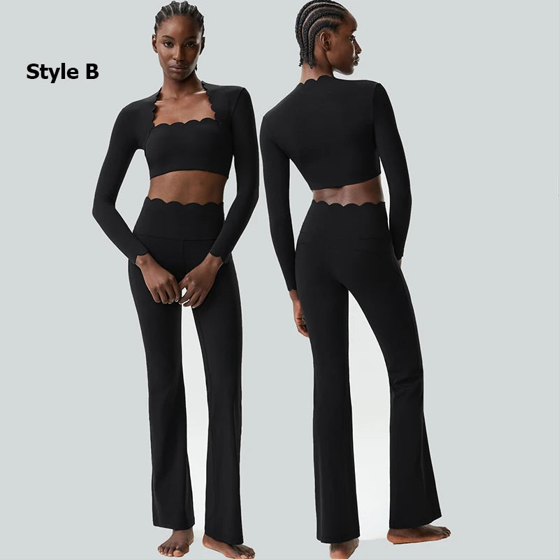 Women Two Pieces Fitness Yoga Set Solid Color Long Sleeve Gym Sportswear Breathable Quick Dry Workout Clothes Female Suit