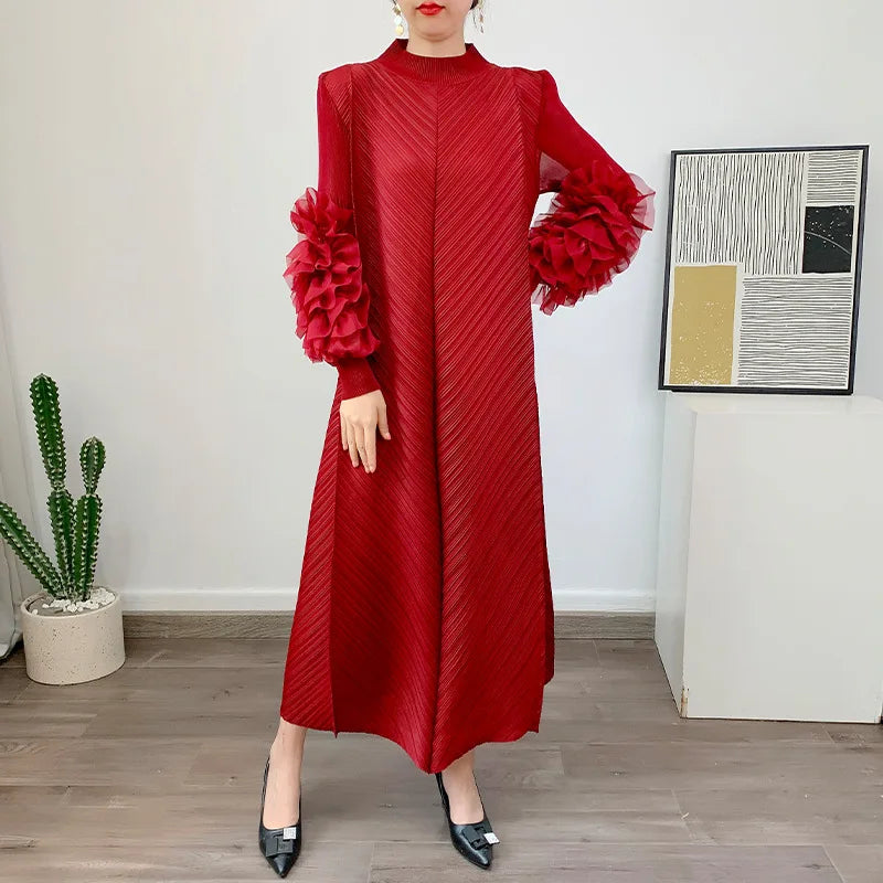 Women Elegant Evening Party Dresses 2025 Summer New Solid Colour Classic Long Sleeve Plate Flower Design Prom Dresses Female