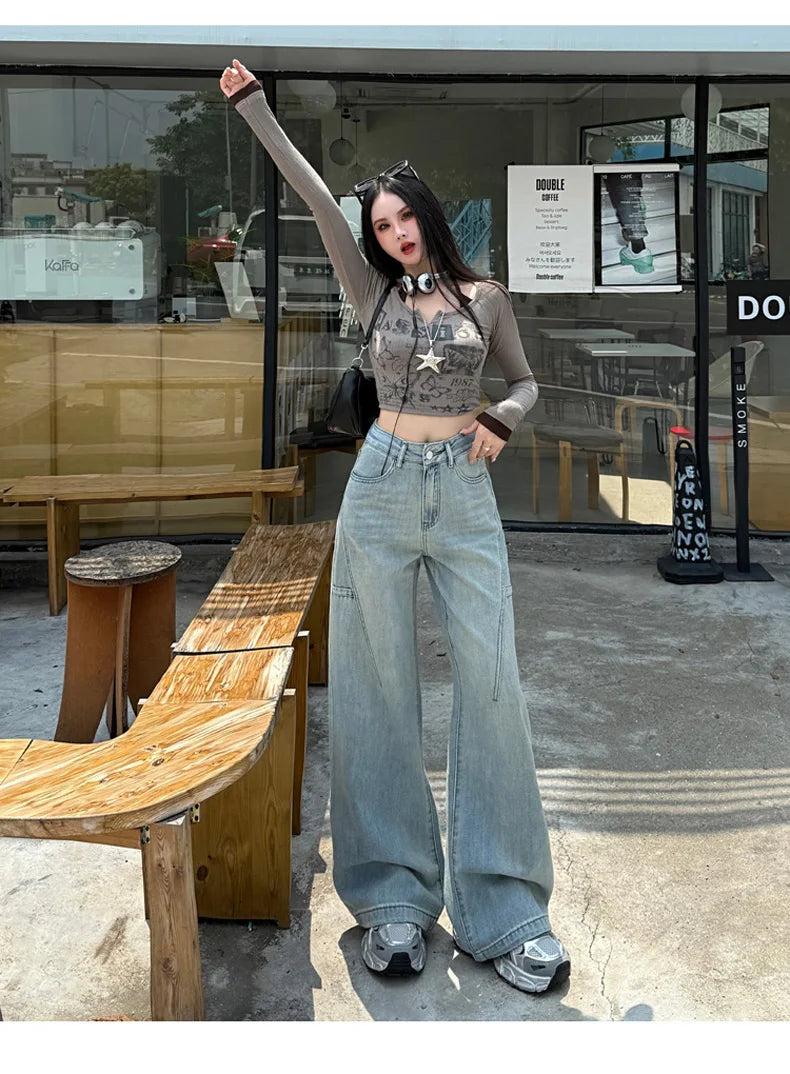 High Waisted Wide Leg Jeans Women Cotton Retro Denim Y2k Loose Fashion Design Sense Pant Streetwear Baggy Straight Trouser Woman