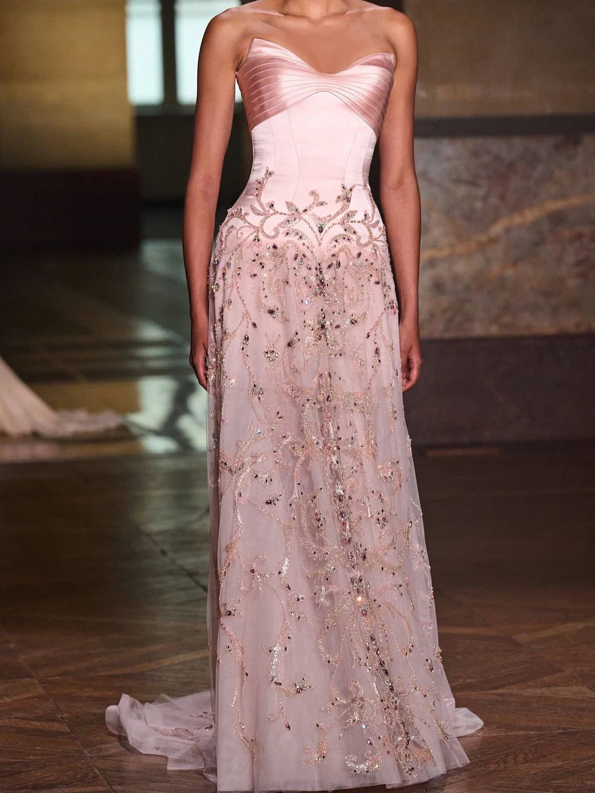 Pink Beaded Sweetheart Evening Gown