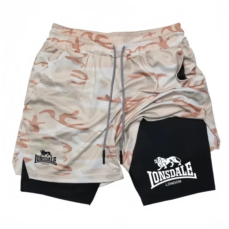 Print 2in1 Running Shorts for Men Gym Workout Compression Shorts with Phone Pocket Towel Loop Summer Sport Athletic Activewear