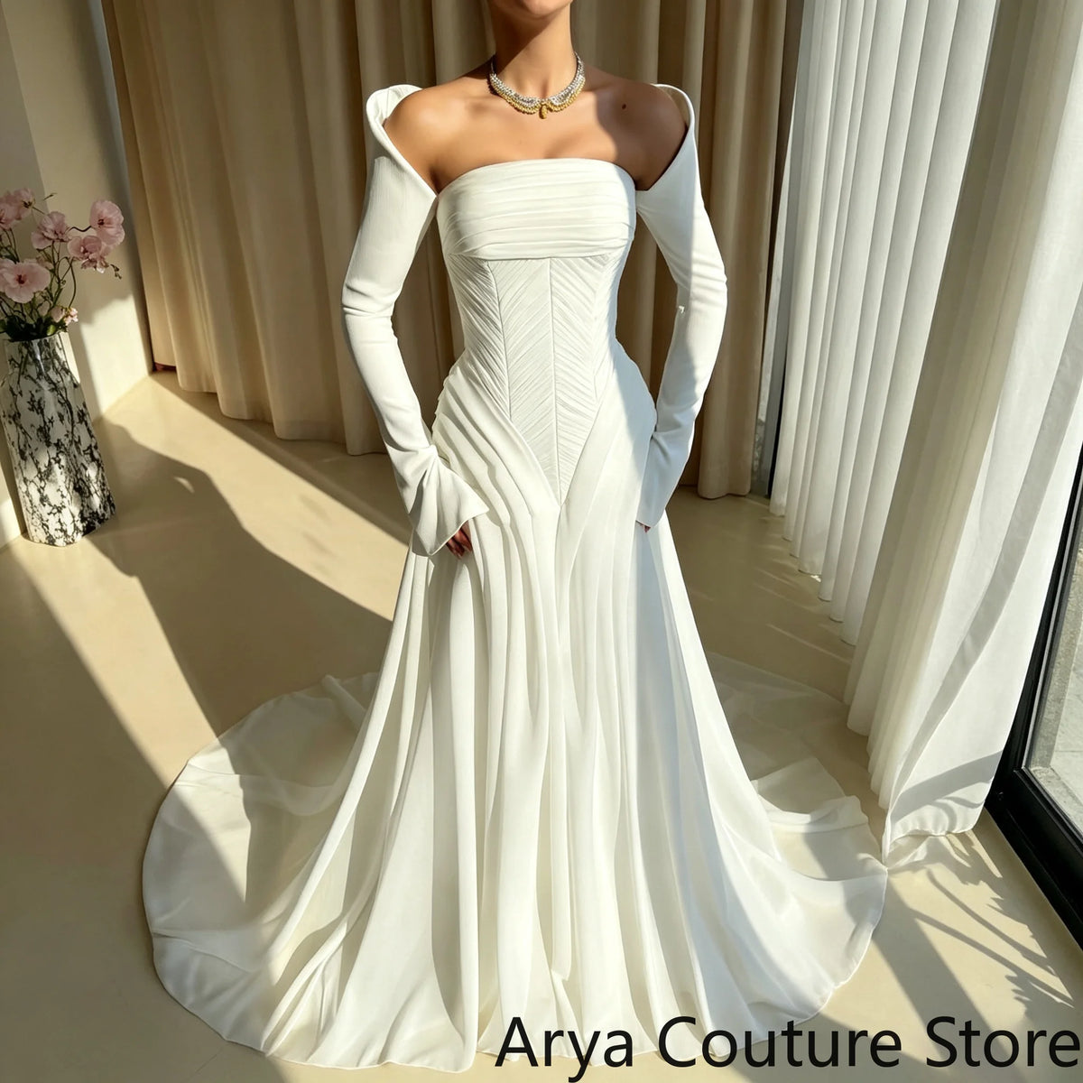 A‑Line Wedding Dress Satin Boned Corset Bodice With Vertical Pleat Details Matching Long Satin Gloves Voluminous Flowy