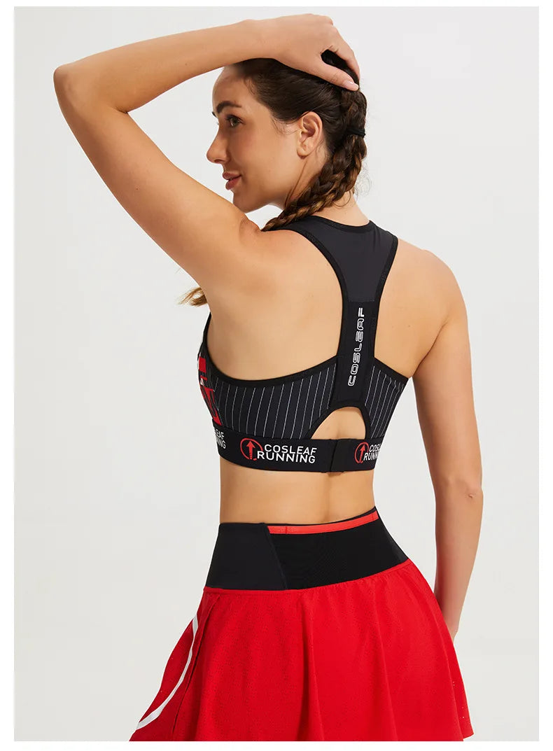 Black Stripe Sports Bras Women Racerback Sleeveless Elastic Waistband Shockproof Quick Dry Stretch Training Camisole Sportswear