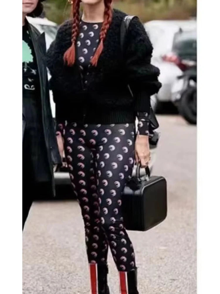 Women Jumpsuit Y2K Streetwear Moon Print Jumpsuit Elastic Long Sleeve Round Neck Autumn Sexy Fashion Bodysuit
