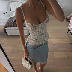 2 Piece Skirts Set Lace Corset Top and Satin Midi Skirt Women Sexy Bustier Backless Crop Top Bodycon Slip Skirts Matching Outfi