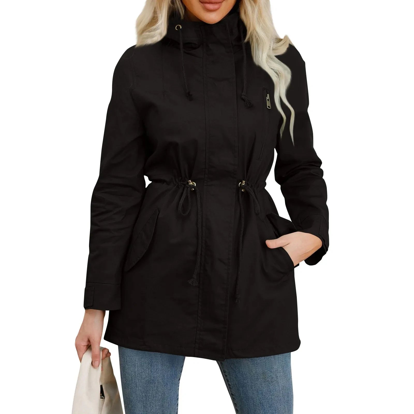 Women's Hooded Trench Coat Spring Autumn Fitted Solid Color Jacket for Daily Outdoor Camping Hiking