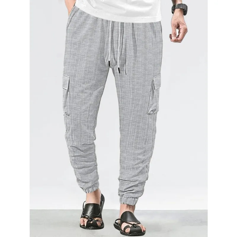 Men's Grid Cargo Joggers Drawstring Elastic Waist Multi Pocket Casual Ankle Length Trousers